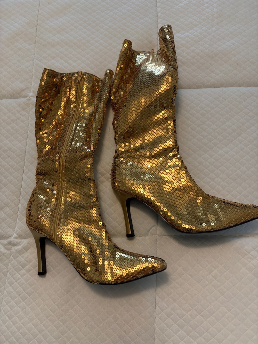 Gold Sequin Mid-Calf Stiletto Boots - Women